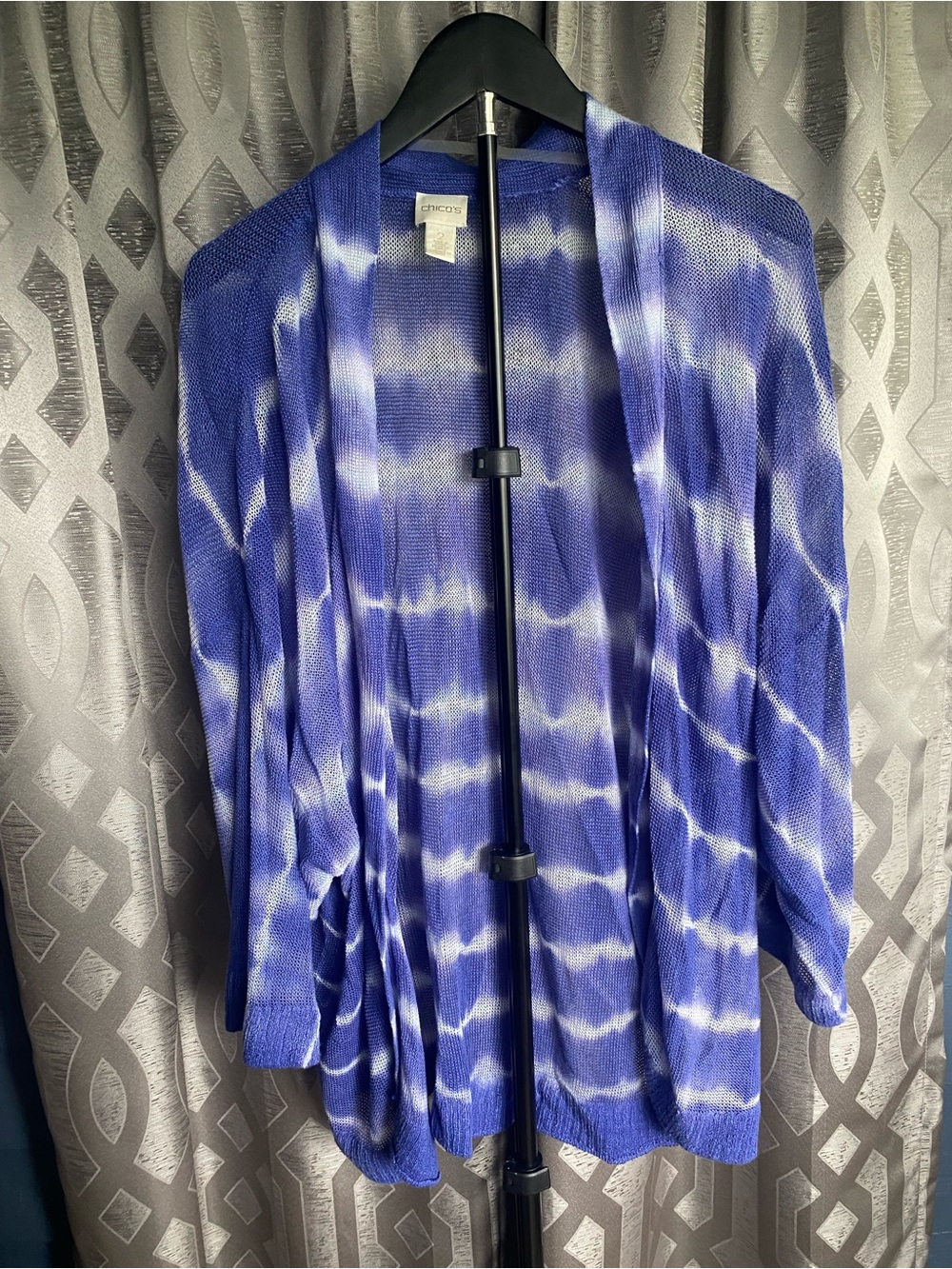 Chico’s Farida Blue White Tie Dye Linen Knit Open Front Cardigan Sz 2 Nautical